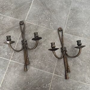 Vintage Pair of Ornate Brass Rope Double Candle Holder Wall Sconces